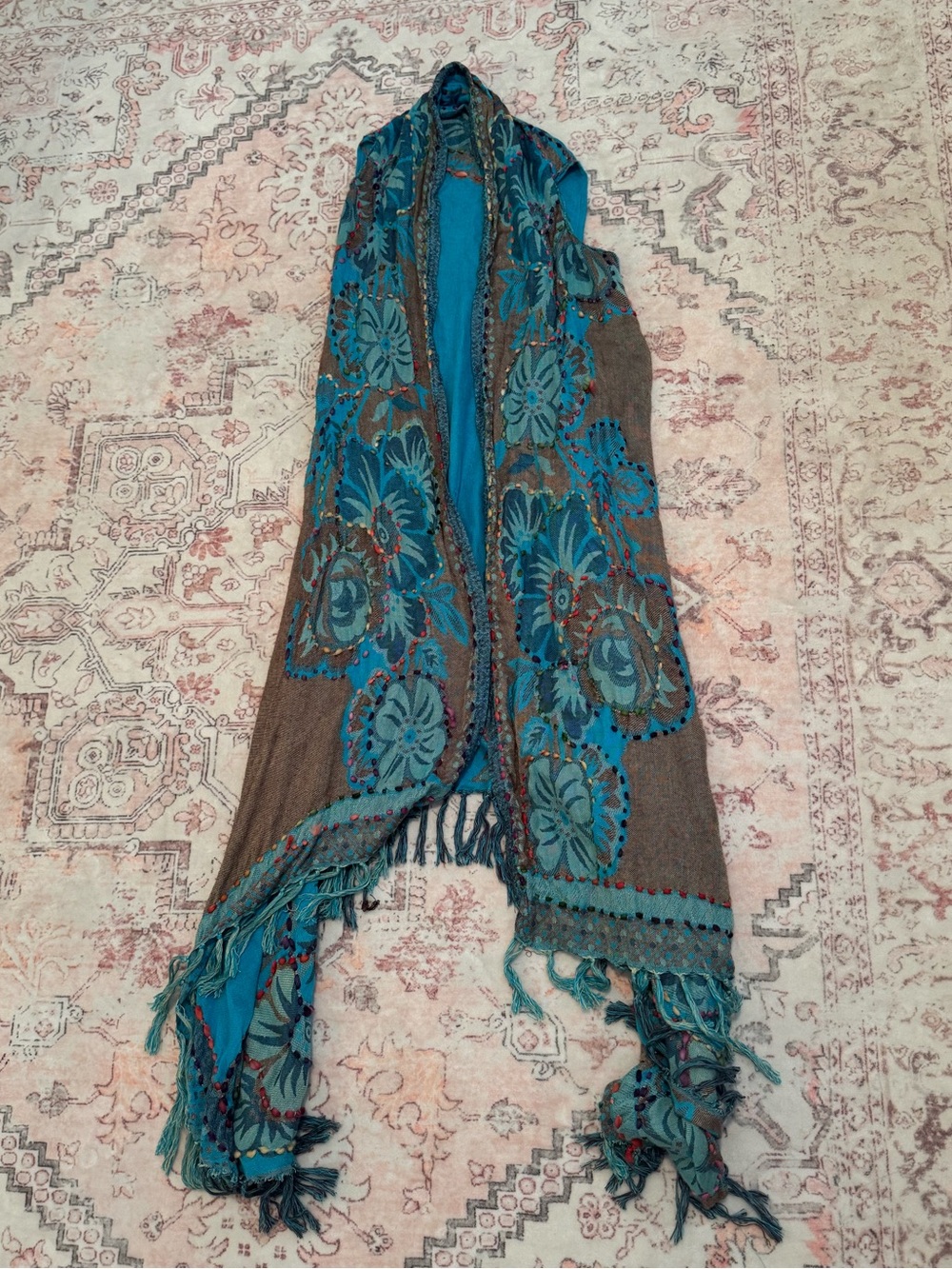 Teal Floral Embroidered Fringe Cape Coat